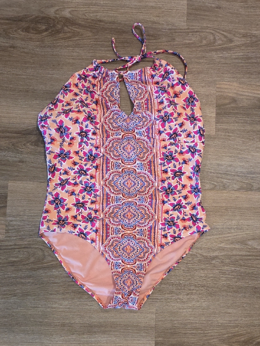 Tahiti Peach Floral One-Piece Halter Swimsuit with Keyhole Neck Size XL